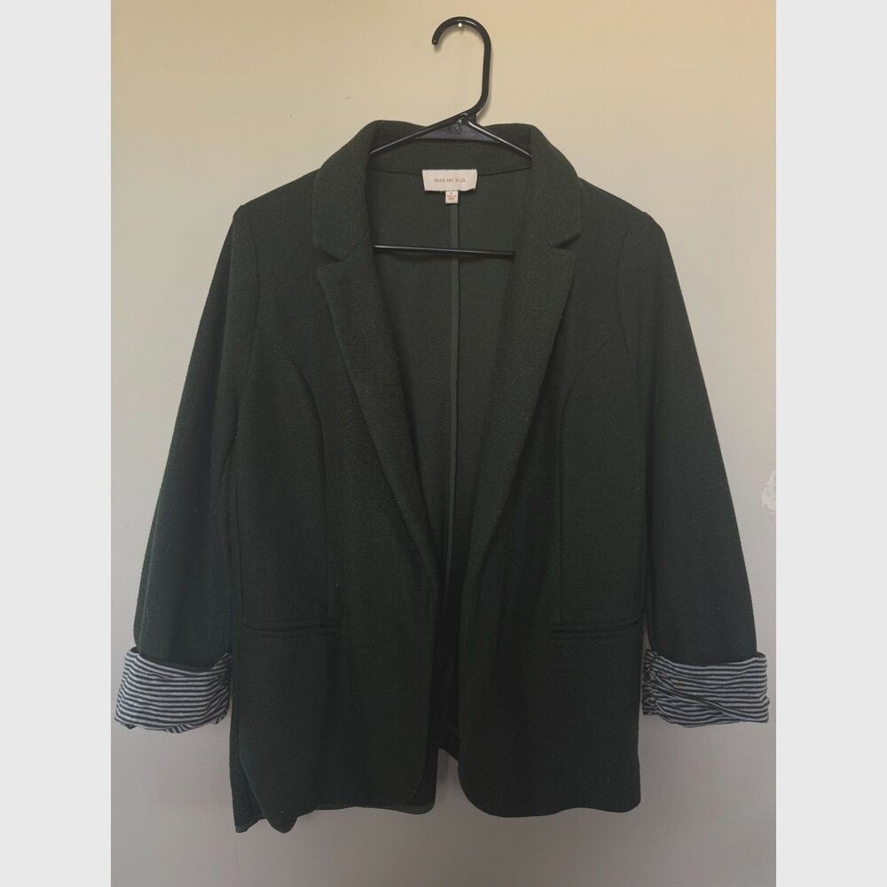 Skies Are Blue Dark Emerald Green Open-Front Knit Blazer with Striped Cuffs